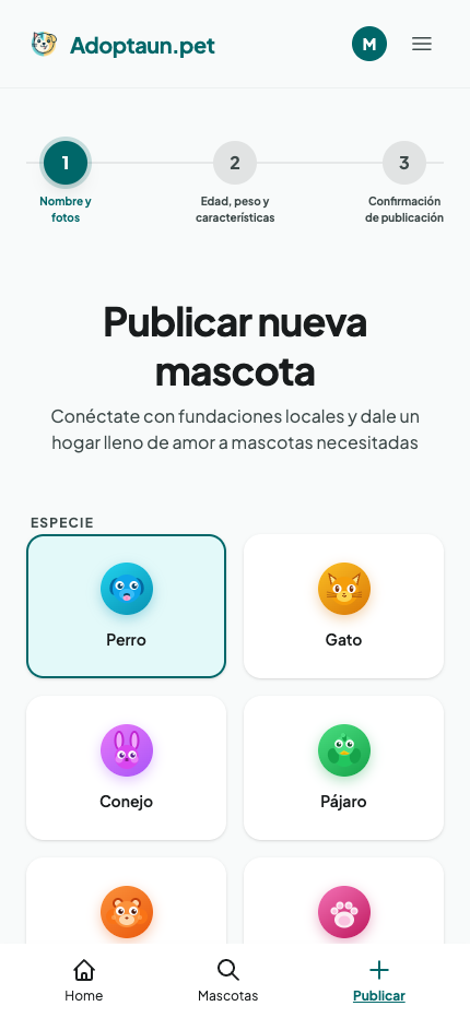 Clic en publicar mascota